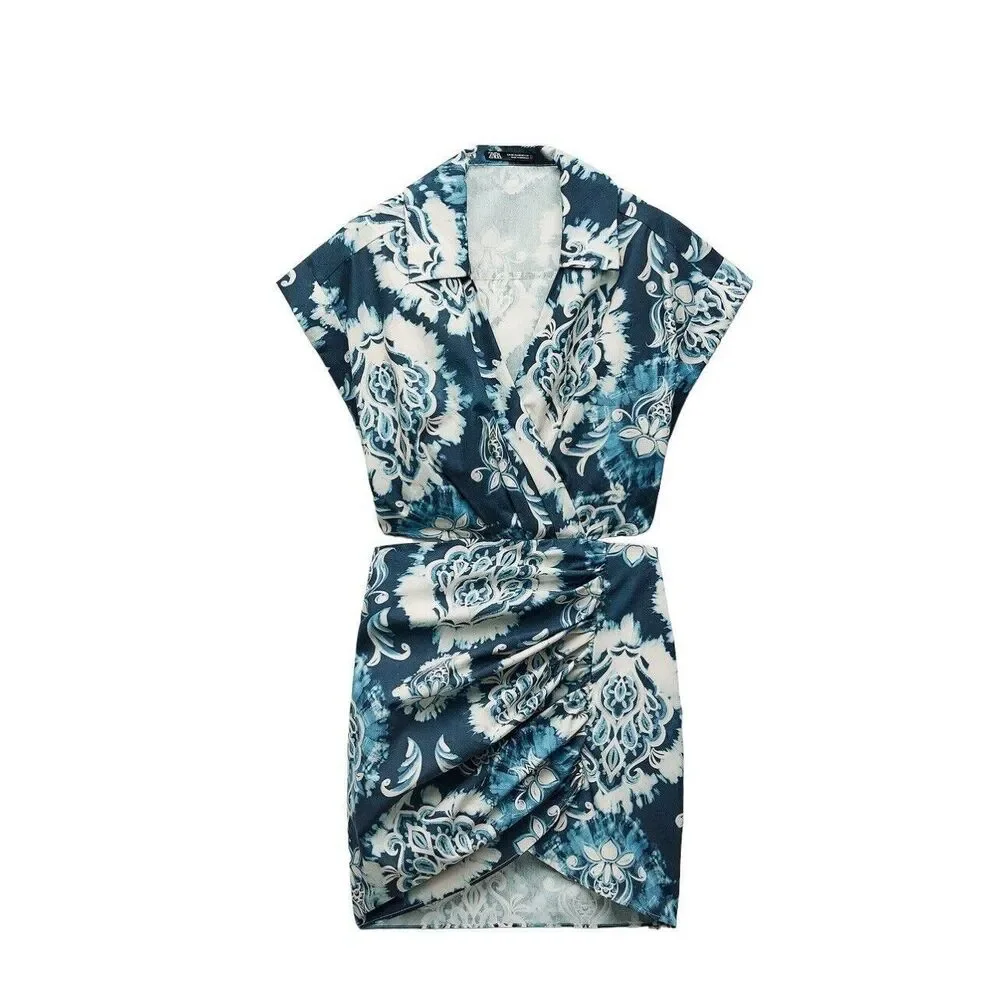 Zara Dress Women Small Blue Printed Mini Cut Out Back Resort Vacation Tribal NEW - Picture 4 of 16